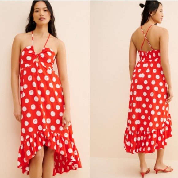 Plenty by Tracy Reese size M midi dress hi low ruffle red polka dot halter - Picture 2 of 12